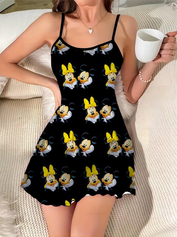 Vestido elegante de Mickey y Minnie Mouse, minifalda de pijama de superficie de satén con cuello redondo y ribete de lechuga, a la moda de Disney para verano, 2024