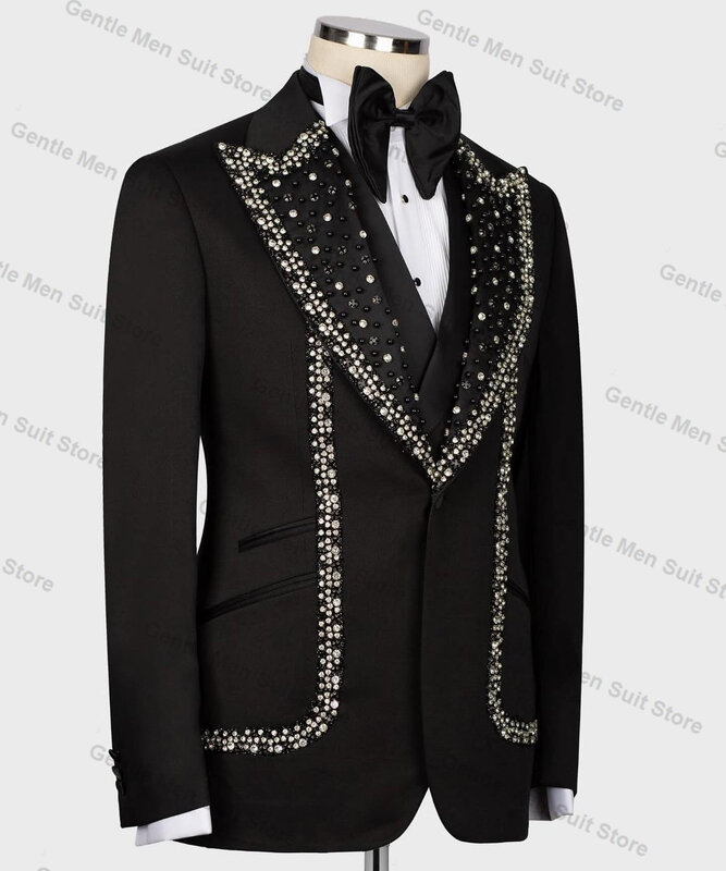 Black Crystals Men Suits Set 2 Piece Blazer+Pant Spring Prom Groom Wedding Tuxedo Coat Tailored Made Formal Office Jacket Outfit