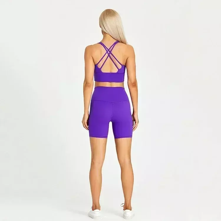 Conjunto de pantalones cortos de Yoga con bolsillos de limón para mujer, de 2 piezas traje deportivo, ropa de gimnasio, ropa de entrenamiento, ropa deportiva para correr