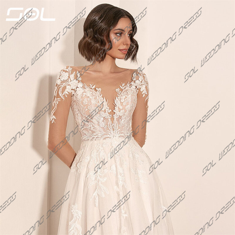 SOL-V-Neck Lace Appliques Vestidos de casamento, vestidos de noiva até o chão, mangas compridas, simples A-Line, elegante