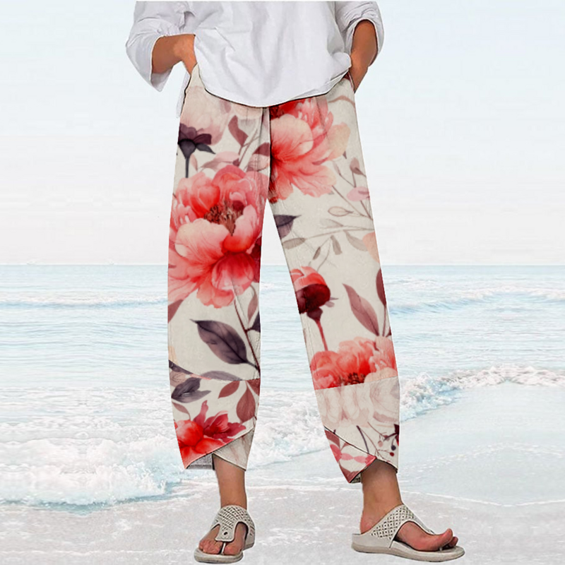 Pantaloni estivi con stampa floreale retrò Y2k vestiti Streetwear pantaloni da spiaggia da donna pantaloni sportivi larghi pantaloni da jogging Capri pantaloni da donna