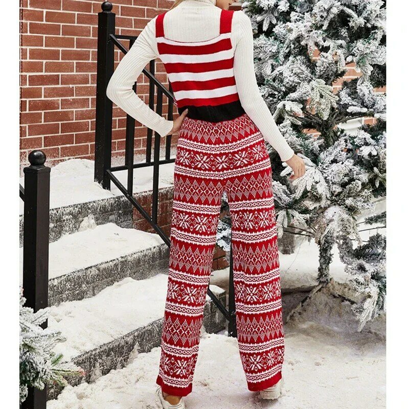 Fall Winter Women Trendy Letters Snowflake Christmas Knitted Rompers Casual Streetwear Sleeveless Patchwork High Waist Jumpsuits