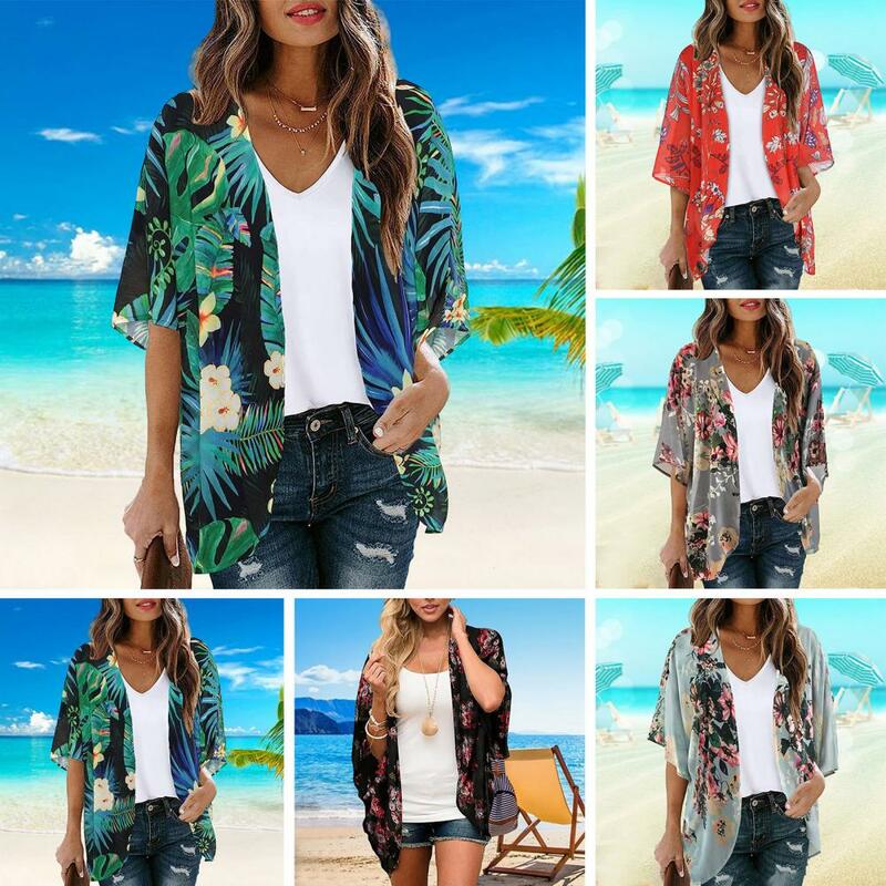 Chemise de plage à imprimé fleuri pour femme, manches courtes, point ouvert, mince, respirant, protection solaire, anti-UV, haut de plage pour femme