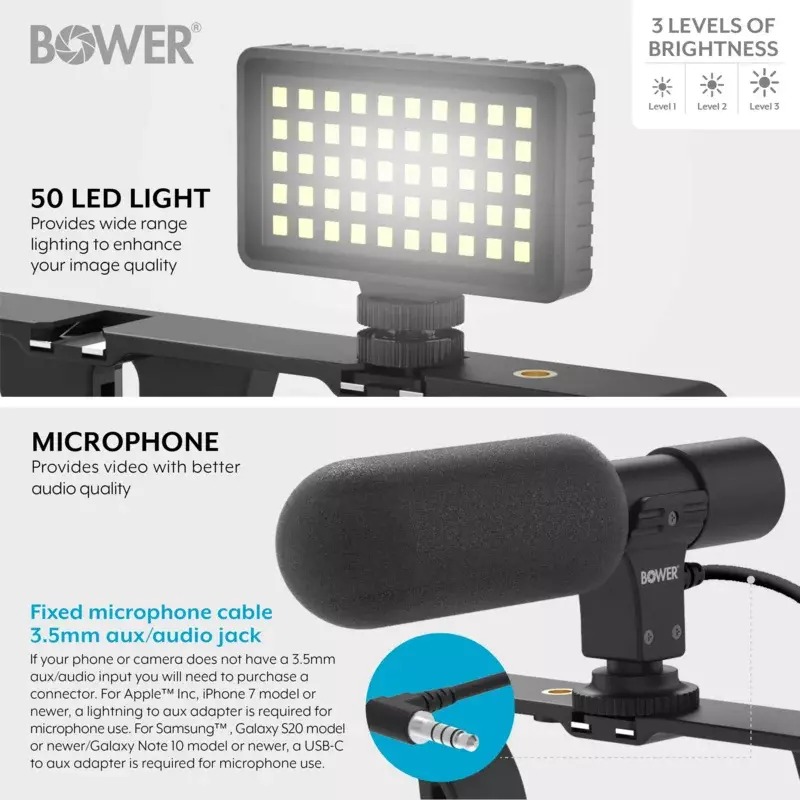 Bower ultimate vlogger pro zestaw z platformą do smartfona, mikrofonem HD, 50 lampkami LED, 3 dyfuzory/filtry i pilotem migawki