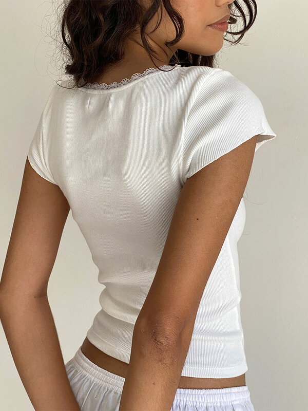 Y2K-T-shirt à manches courtes et col carré pour femme, haut court, blanc, vintage, avec bordure en dentelle