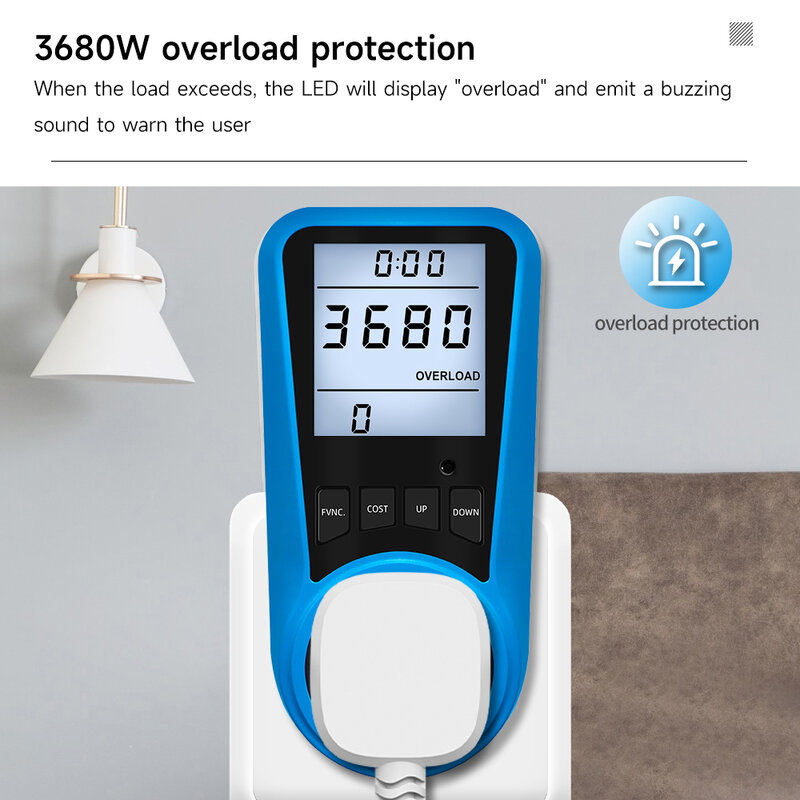 Cerhot-medidor de consumo de energía, Monitor de electricidad recargable, pantalla de 7 modos con protección de sobrecarga, enchufe azul
