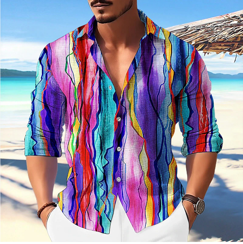 2024 남성용 다채로운 스트라이프 3D 파티 셔츠, 고품질 소재, 금실 라펠, 파란색 보라색 녹색 빨간색 야외 거리