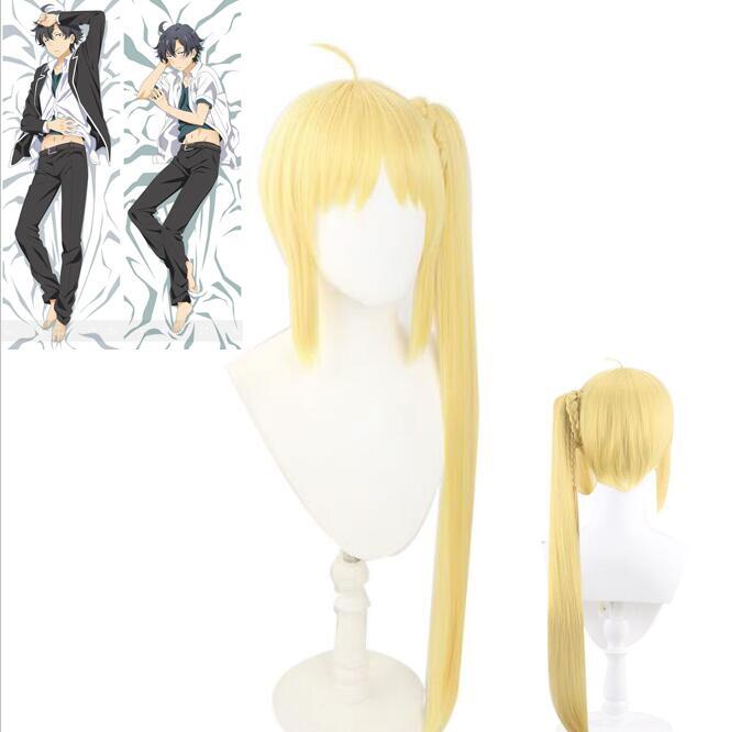 Peluca de Cosplay de pelo sintético Nijika Ijichi Anime, Peluca de cola de caballo amarilla de 80cm, funda de almohada Dakimakura resistente al calor