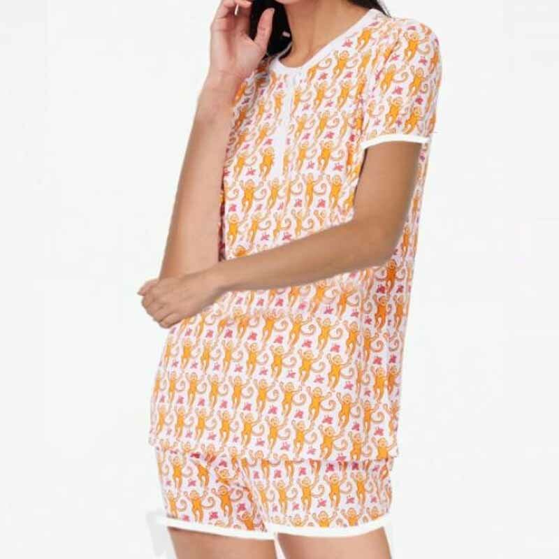 몽키 프린트 반팔 티셔츠 상의 및 반바지, 캐주얼 편안한 라운지 잠옷, 빈티지 매칭 의상, 2 종 세트