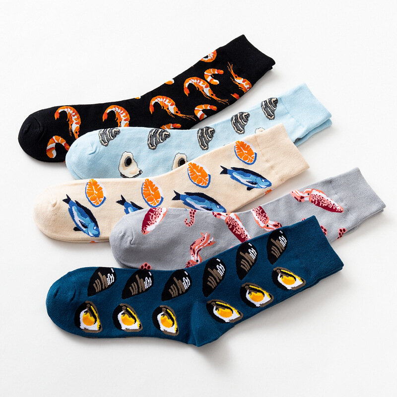 5 paires/paquet, Chaussettes en coton peigné pour hommes, drôles, Harajuku, série fruits de mer, saumon, calmar, huîtres, rue, nouveauté, cadeau d'équipage