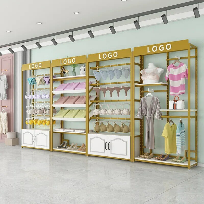 Estante de exhibición de ropa interior de estilo moderno personalizado, estantes de ropa de pared de tienda al por menor para sala de exposición