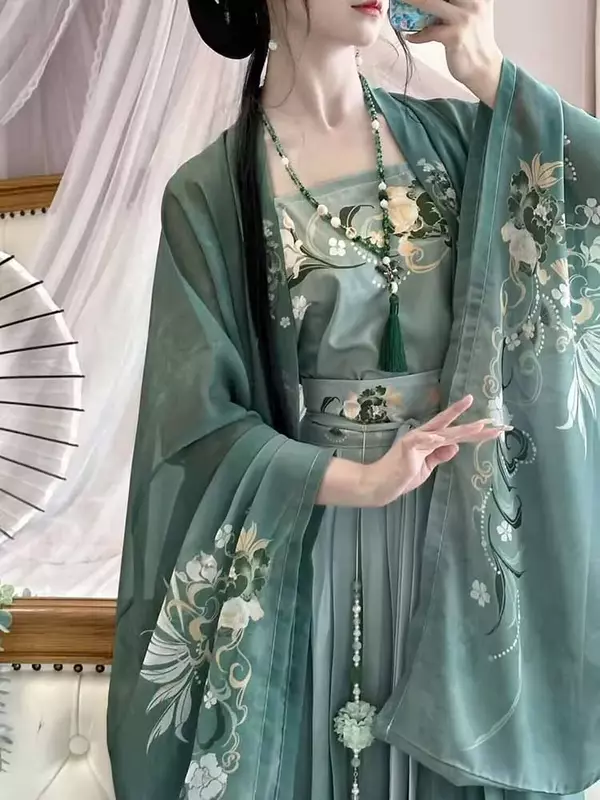 Hanfu-vestido tradicional chino para mujer, traje de Cosplay de Halloween, Hanfu verde impreso, conjuntos de 3 piezas, talla grande XL
