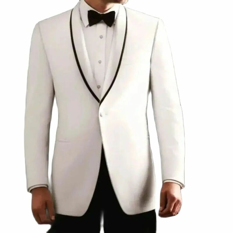 Terno de botão único masculino com lapela xale, blazer branco, calça preta, noivo de casamento luxuoso de duas peças, conjunto completo, roupa masculina justa, elegante