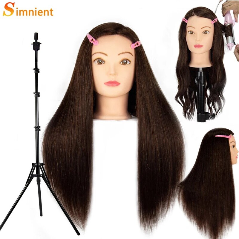 Cabeza de Maniquí de pelo largo con 85% de pelo Real para práctica de peluquería, cabeza de muñeca de entrenamiento de cosmetología y trípode de soporte para peluca
