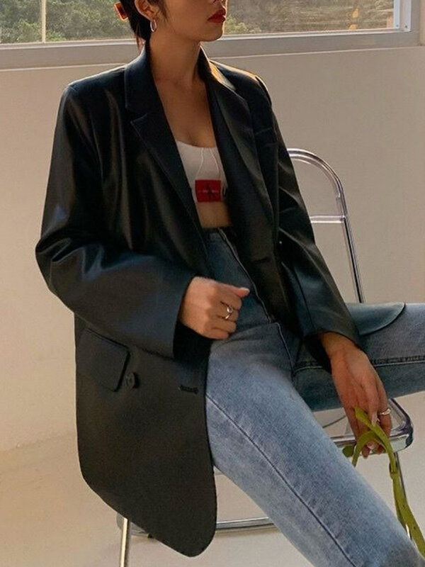 한국 블랙 가죽 모토 재킷, 빈티지 따뜻한 여성 루즈 가죽 세트 블레이저, 스트리트웨어 여성 패션 트렌드 얇은 바이커 코트