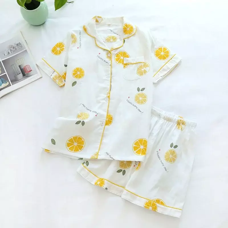 Jepang Sederhana Pendek Piyama Wanita 100% Katun Lengan Pendek Wanita Piyama Set Celana Pendek Lucu Kartun Baju Tidur Wanita Homewear