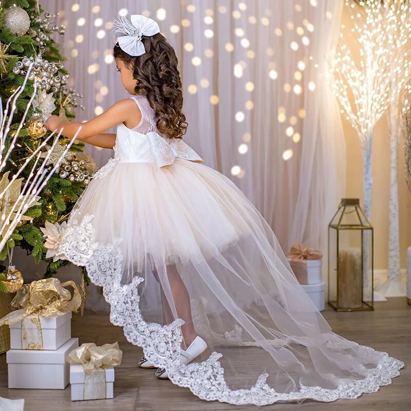 Koronkowa aplikacja dziewczęca sukienka w kwiaty tiulowa sukienka na przyjęcie bożonarodzeniowe ślubna bez rękawów dla dzieci krótkie pierwsza sukienka komunijna księżniczki