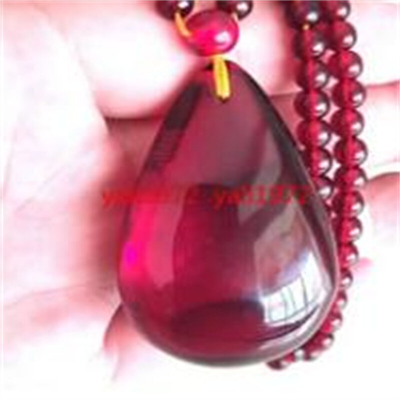 Certified 52mm Natural Red Amber Waterdrop Pendant + 6mm Beads Necklace 25"