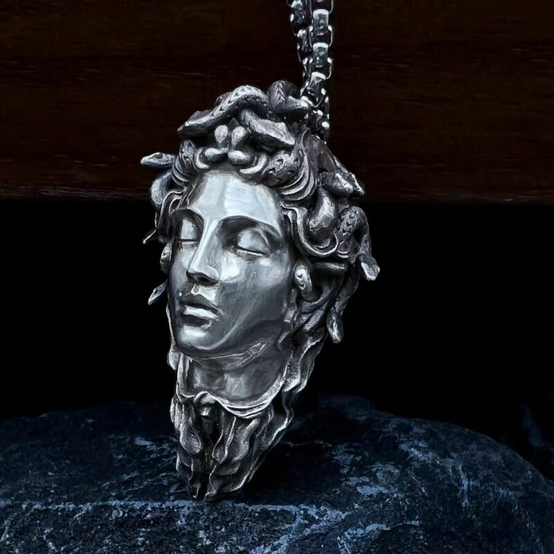 Handcrafted Sterling Silver Medusa s925 Silver Necklace Ancient Greek Myth Snake Woman Pendant Featured Pendant