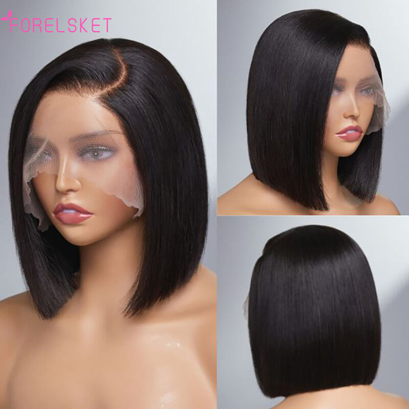 Przedziałek z boku peruka z ludzkich włosów peruka dla kobiet naturalny kolor czarny prosty peruka krótka 180% 13*4*1