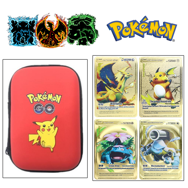 Paquet de cartes Pokemon 1 pièce avec 1 cartes en métal doré Charizard Raichu Blastoise Venusaur, Collection de jeux animés, jouets cadeaux d'anniversaire