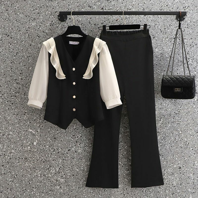 Conjunto de dos piezas de temperamento para mujer, Top de media manga, pantalones largos de pierna ancha de cintura alta, moda de primavera y otoño