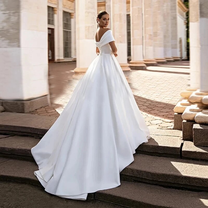 Off The Shoulder Satin A-Line Bridal Gowns For Formal Party V-Neck Floor Length Vestidos De Novia  Vestidos De Novia Custom Made