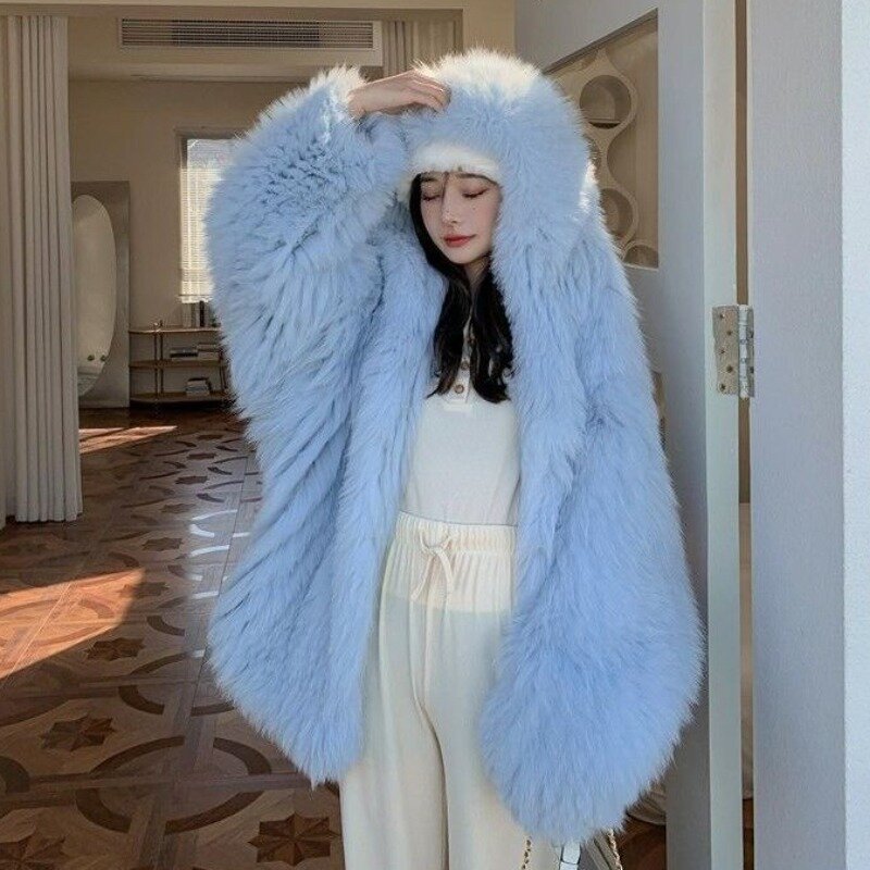 Женское двухстороннее пальто из искусственного меха, теплая Модная верхняя одежда средней длины с капюшоном и имитацией лисьего меха, 2023