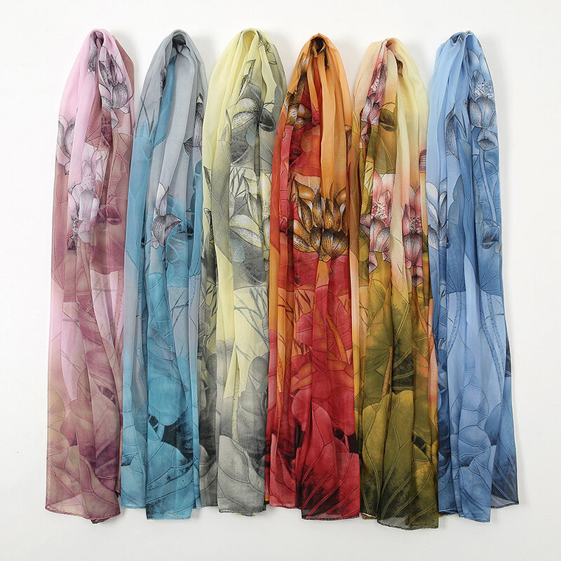 Nowy gradientowy, kwiatowy, drukowany hidżab, letni szyfonowy hidżab szalik damski, cienki, plażowy szal z filtrem 150*50cm
