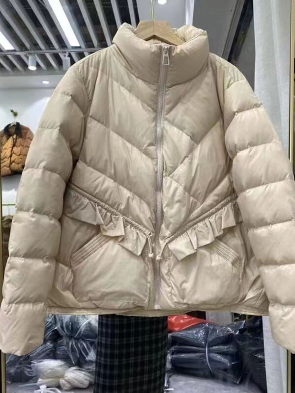 Women White Duck Down Jacket Winter Casual Stand Collar Splicing Wooden Ear Edges Short Coat Fashion Korean Style 2023 New