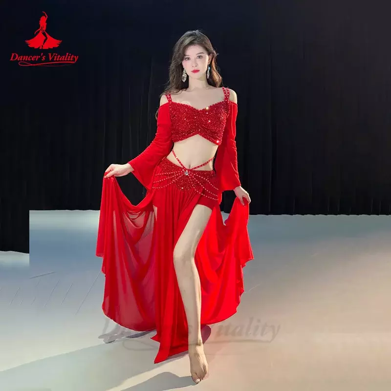 Set kostum tari perut untuk wanita, atasan lengan panjang jaring + rok panjang kasa 2 potong Set latihan pakaian tari perut Oriental