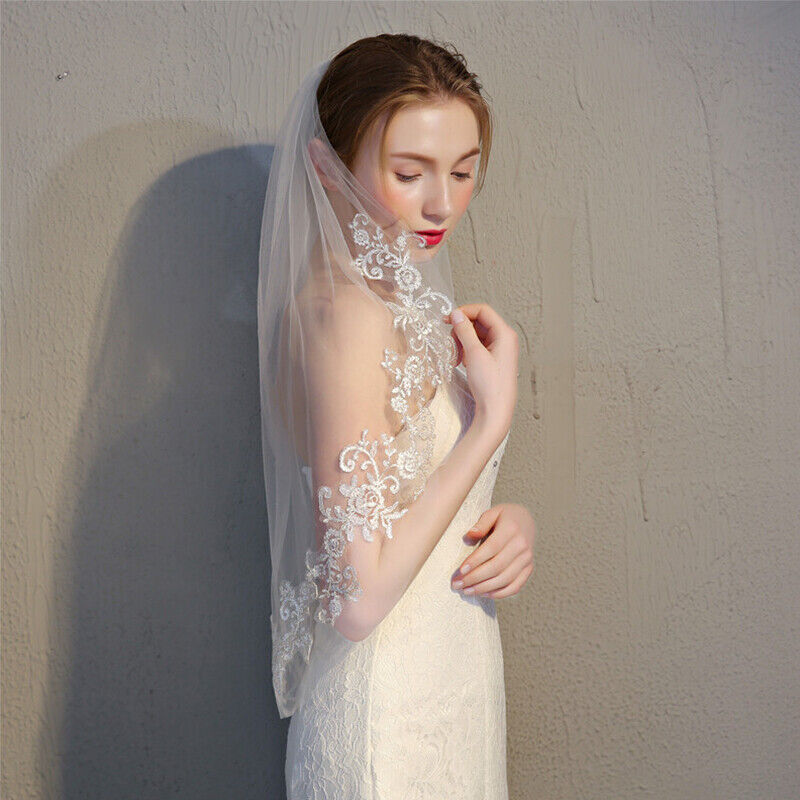 Velo de novia corto de encaje de dos capas con peine, longitud de codo, blanco marfil