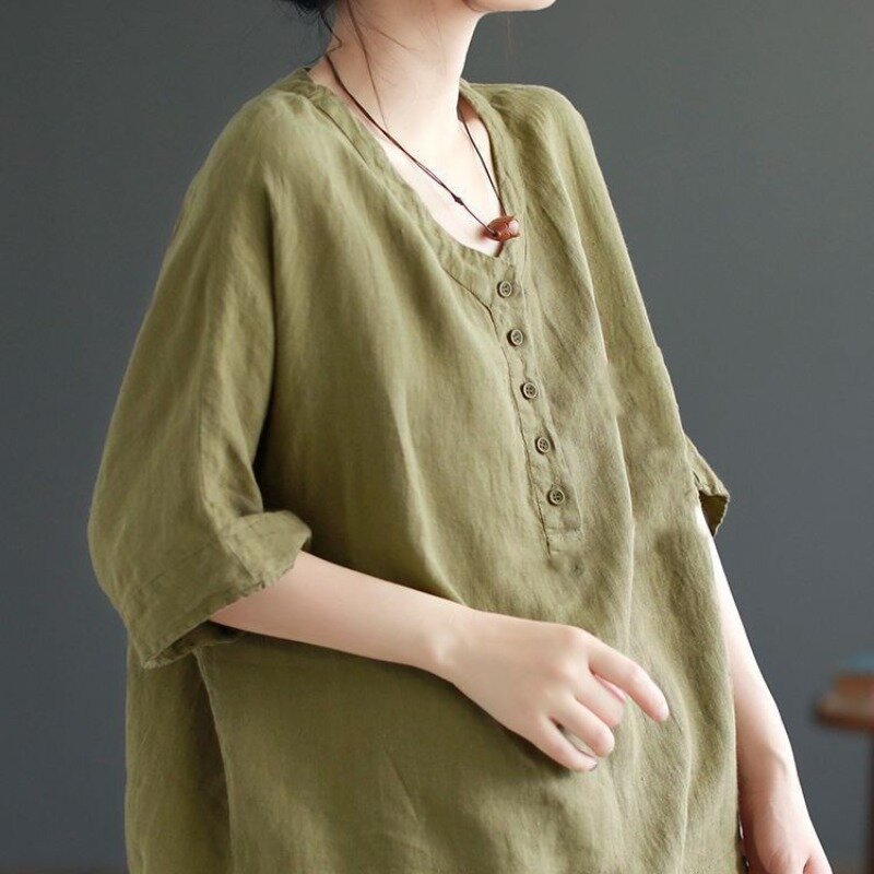 Camiseta holgada y elegante para mujer, camisa de manga corta con cuello en V, botones Vintage, Color sólido, 2024