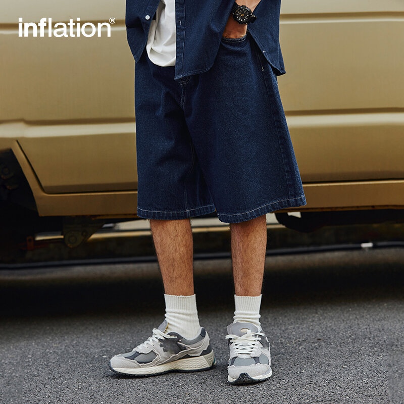INFLATION-pantalones cortos de mezclilla Vintage para hombre, pantalones vaqueros sueltos rectos lavados, talla grande
