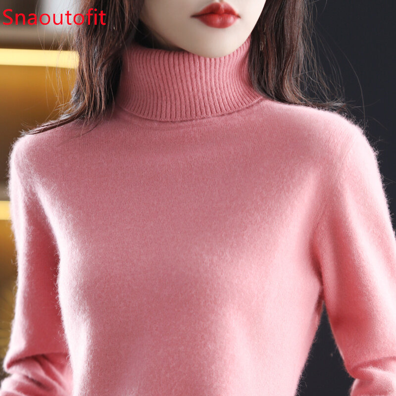 Pull tricoté en cachemire 2023 vison pour femme, pull tricoté à revers haut, grande taille, basique ample, épais et chaud, automne et hiver, 100%