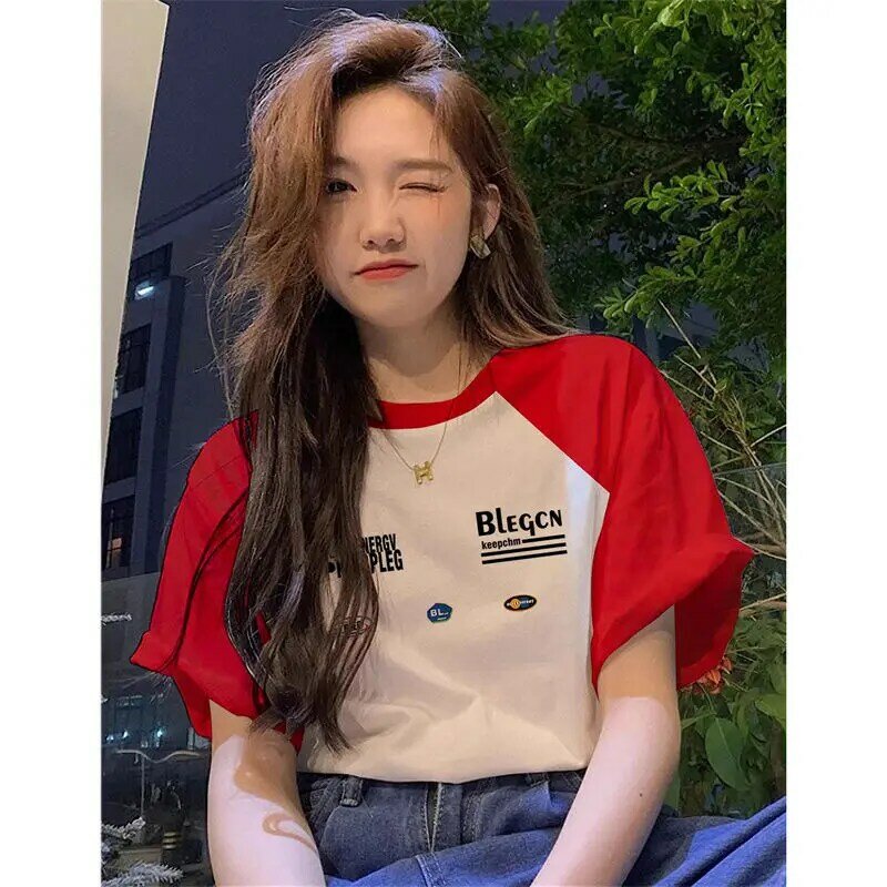 Camiseta de algodão estampado doce feminino, blusa solta com gola em O, manga curta fina, camiseta de tendência coreana, roupas, verão