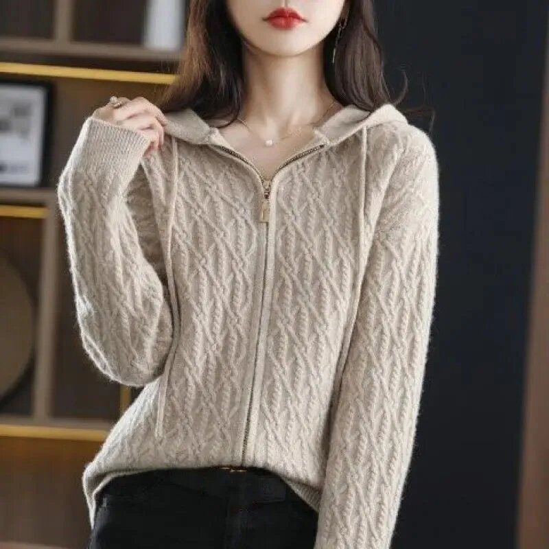 2024 New Autumn Winter Fashion Zipper Hooded Cardigan Sweater Jacket Women Korean Loose Knitted Sweater Casual Coat Female Tops