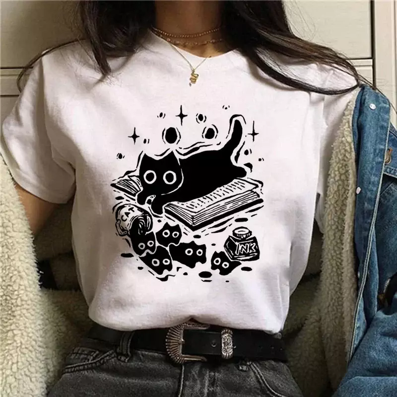 Kawaii Kat Shirt Vrouwen Grappig Cartoon T-Shirt Y 2K 90S Harajuku Grafische Ulzzang T-Shirt Boeken Print Tshirt Esthetische Top Tee Femal
