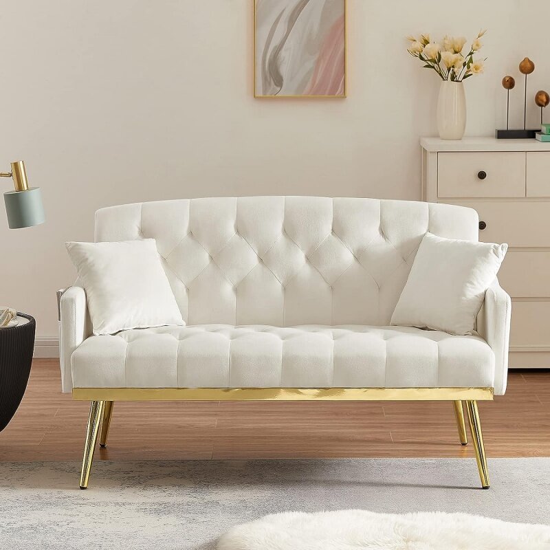 Antetek solutions.com-Canapé causeuse en velours, petit canapé moderne avec poche latérale et pieds en métal doré, canapé de loisirs capitonné