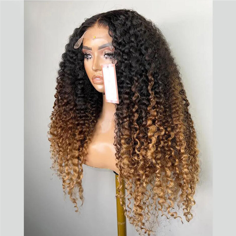 Kinky CurlyLong Soft 26“Ombre Blonde 180Density Lace Front Wig For Black Women BabyHair Glueless Preplucked Heat Resistant Daily