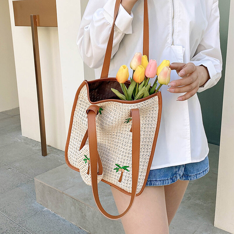 Coconut Palm Embroidery Summer Bag Women's Bag 2022 New Casual Tote Bag Hand Woven Straw Shoulder Bag