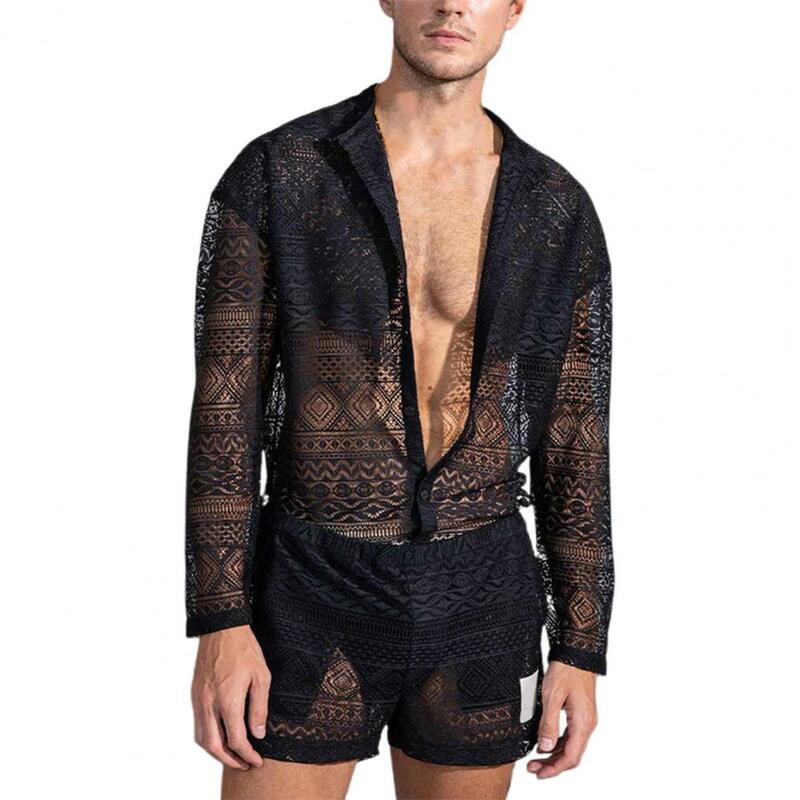 1 Set Popular Men Outfit Sexy Men Top Shorts Hollow Out See Through Crochet Shirt Shorts  Single Breasted