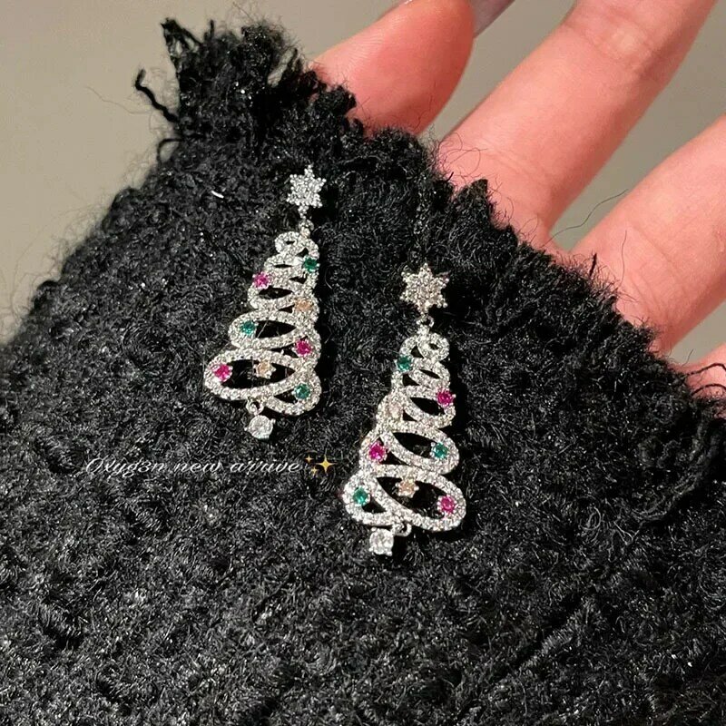 Christmas Gifts Diamond Colored Zircon Christmas Tree Earring Exquisite Fashion Personality Sweet Christmas Earrings Accessories