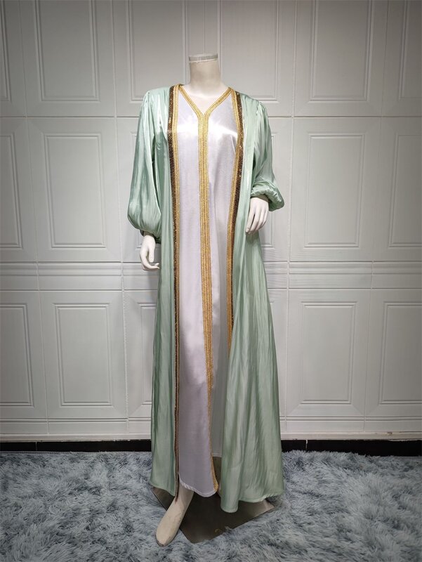 Moroccan Caftan Luxury 2024 Silk Satin Elegant Lantern Sleeve 3pcs Dress Diamonds Abaya Muslim Sets Ramadan Dresses For Women