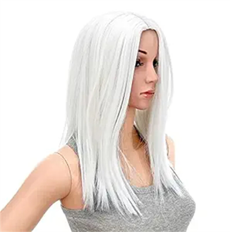 14-Cal krótka prosta prostownica do włosów środkowych kobieta średniej długości syntetyczna peruki termoodporne dla kobiet z czapka z peruką (biała)