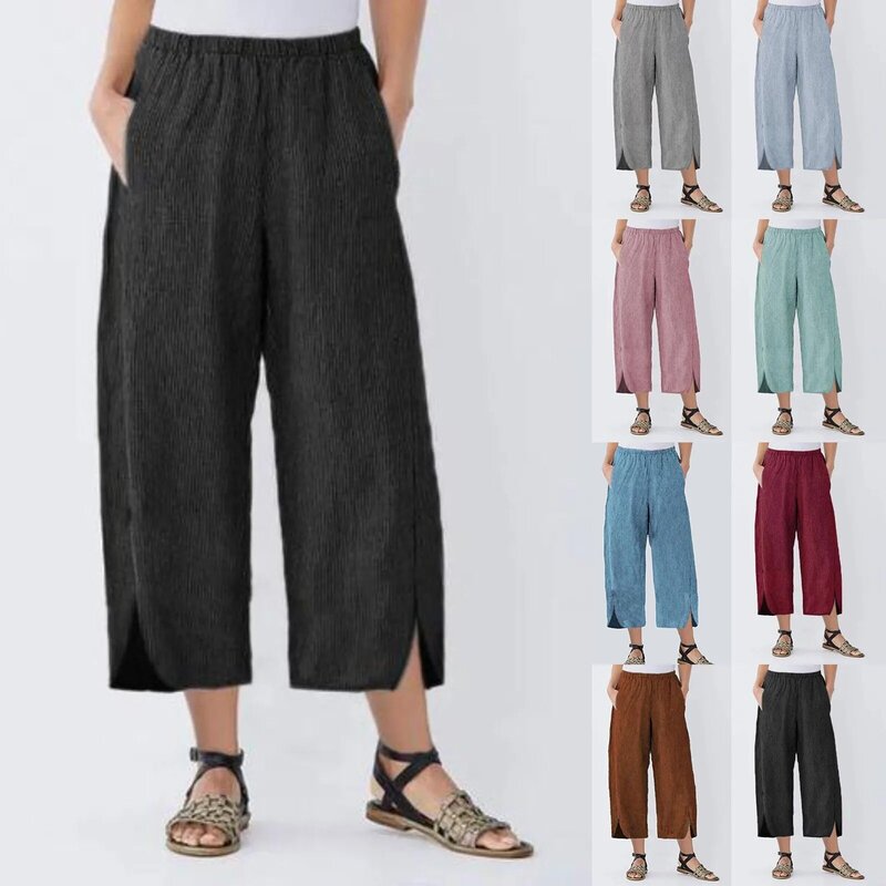 Pantalones de pierna ancha de lino y algodón para mujer, pantalón informal, holgado, cómodo, con cintura elástica, estilo Harem, Vintage, color liso, para verano