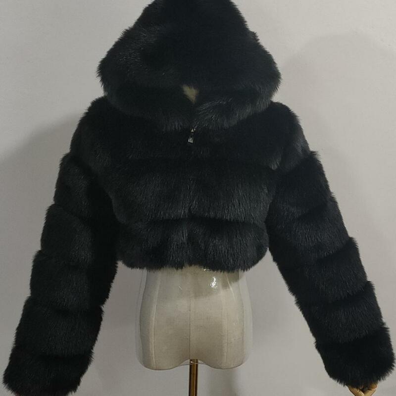 여성용 짧은 인조 여우 모피 푹신한 재킷 크롭 코트, 푹신한 지퍼 후드 따뜻한 짧은 재킷, 두껍고 따뜻한 럭셔리 코트, 겨울