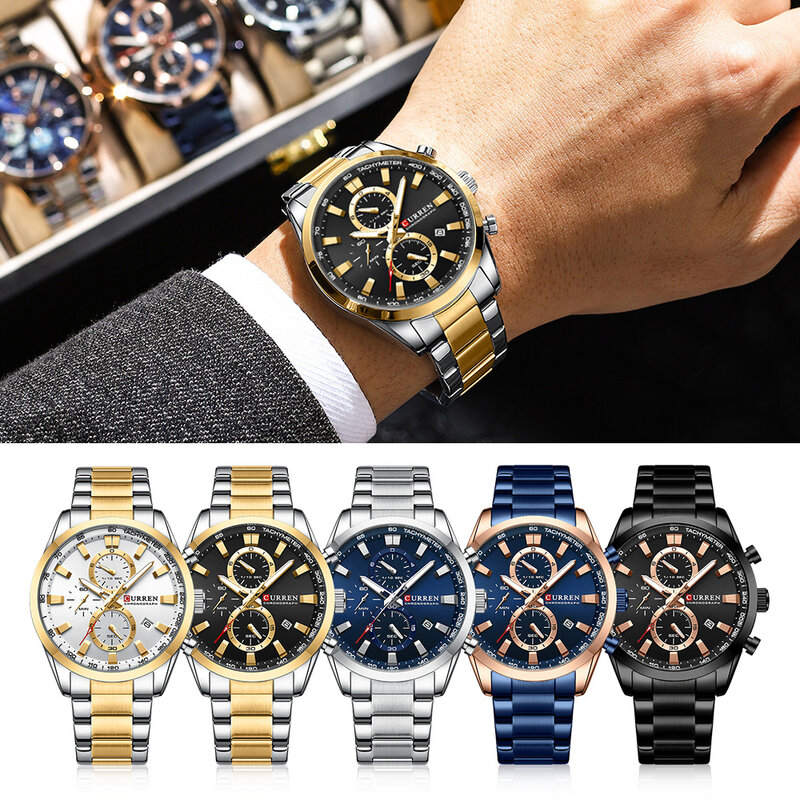 Curren Mode Quartz Chronograaf Zakelijke Multifunctionele Wijzerplaat Date Man Horloge Sport Waterdicht Roestvrij Staal Armband Horloge Heren