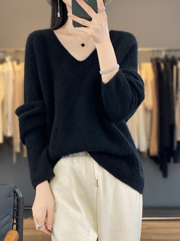 Sweater Pullover kerah V untuk wanita, Atasan pakaian wanita bunga putar, rajutan wol Merino 100% lubang tebal kasual musim gugur musim dingin
