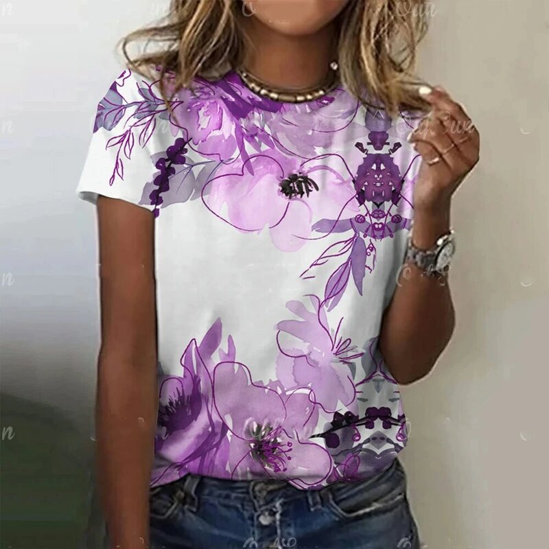 เสื้อยืดผู้หญิงพิมพ์ลายแมวน่ารัก3D ใหม่เสื้อผ้าลำลองฤดูร้อนแฟชั่น Kaus binatang ดอกไม้แขนสั้น2024